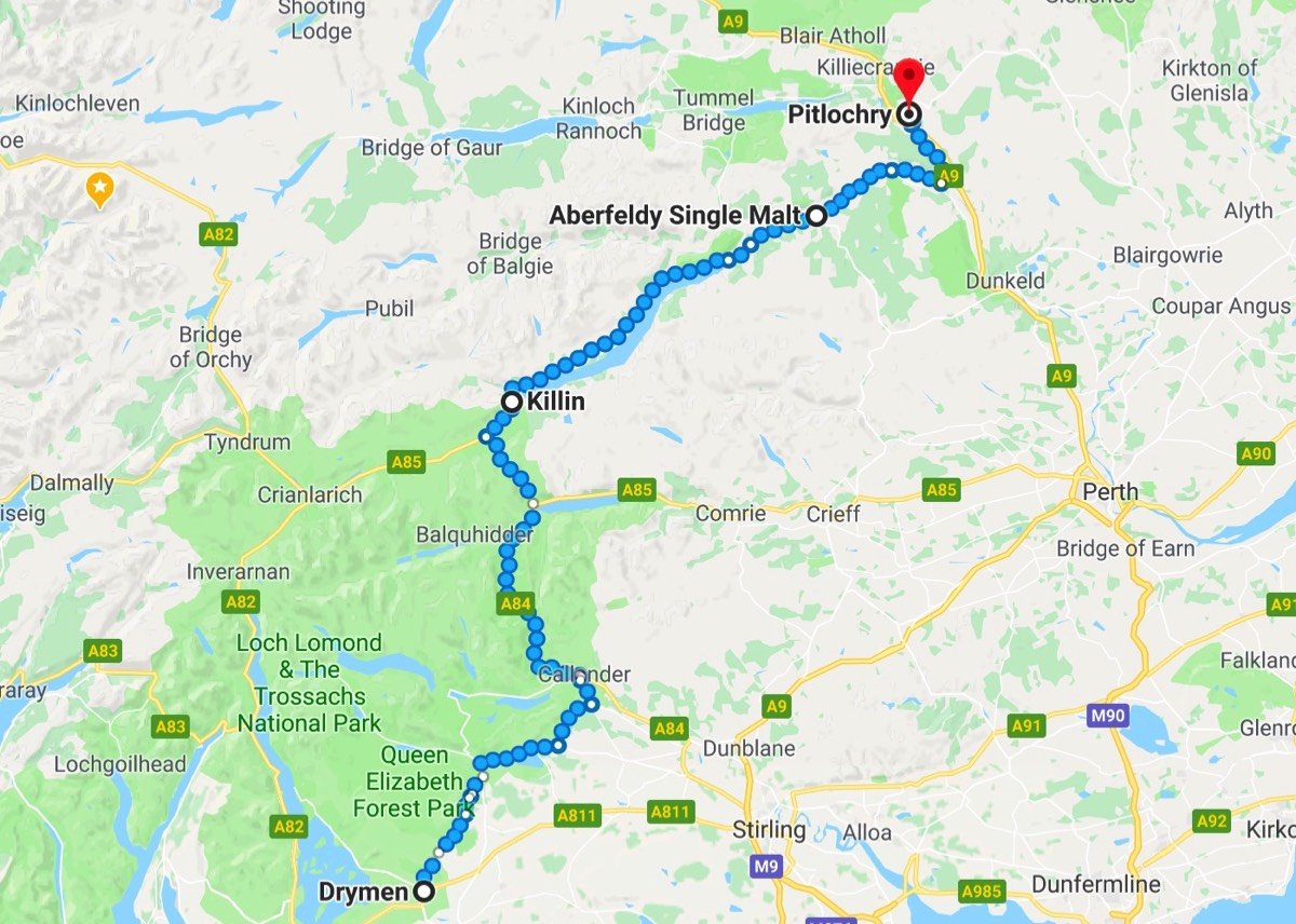 Bij benadering de route die u wantelt tijdens de Rob Roy Way