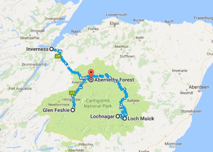 Het gebied waar de begeleide wandelingen Cairngorms en Deeside worden gemaakt