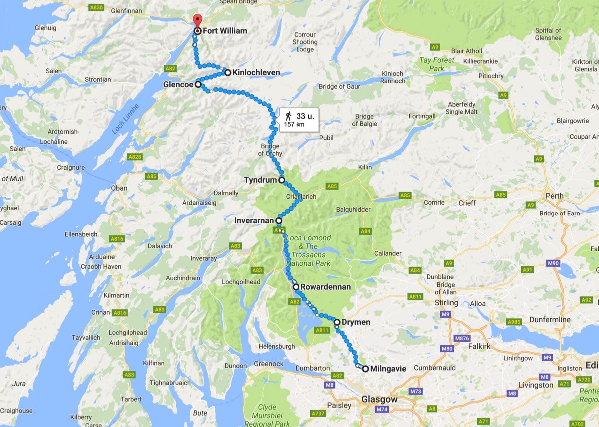 Bij benadering de route die u loopt tijdens de West Highland Way