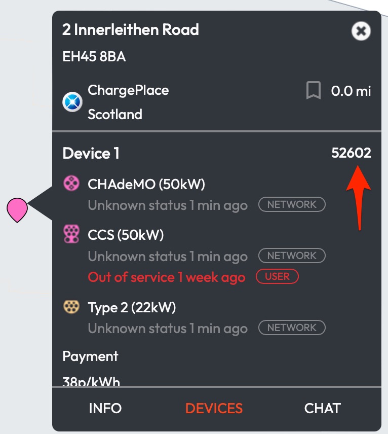 Een lader die wel gebruikt kan worden met WebPay (zie het nummer van de laadpaal)