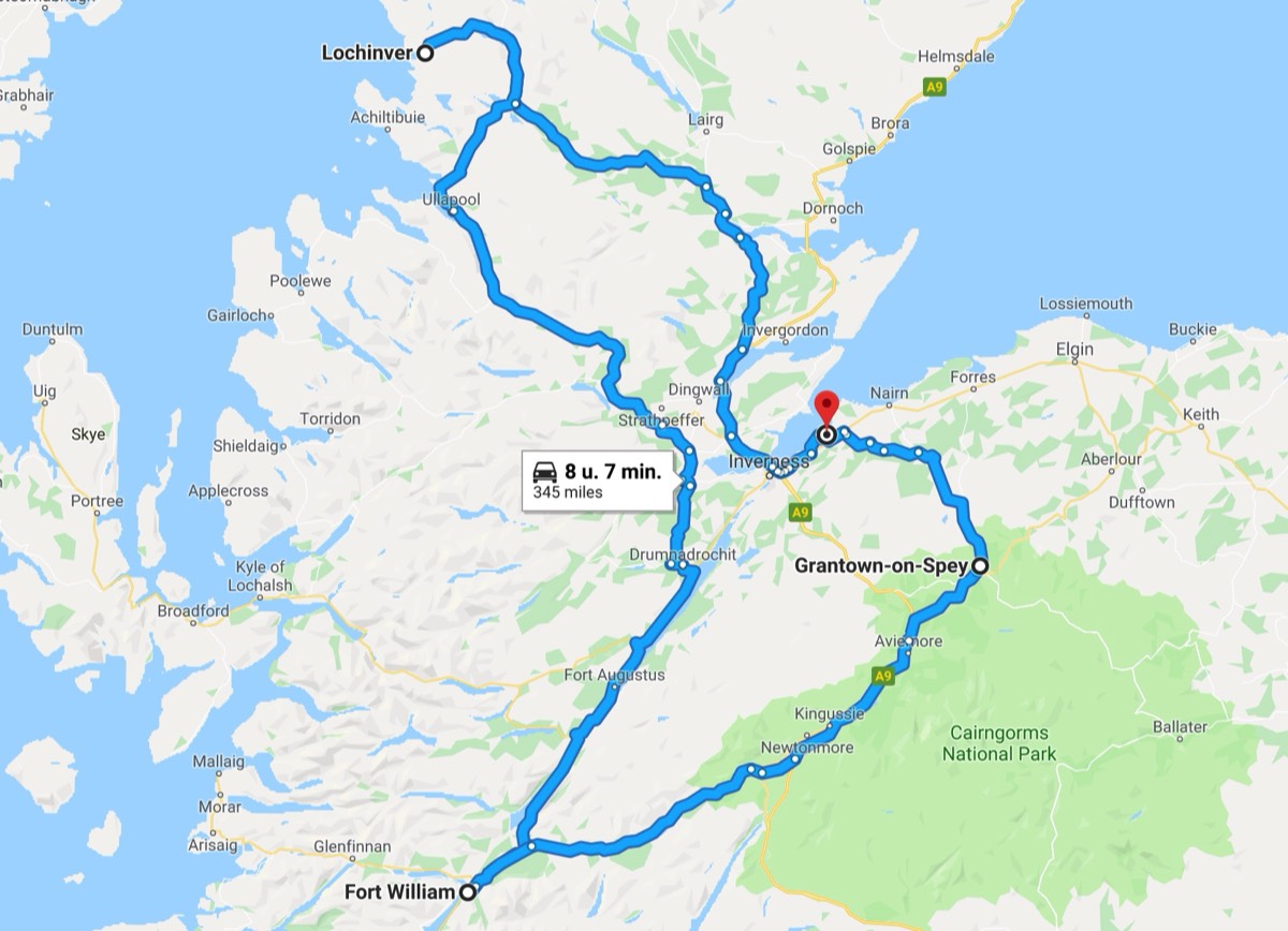 De route van de shortbreak Highlands en de Assynt in Schotland